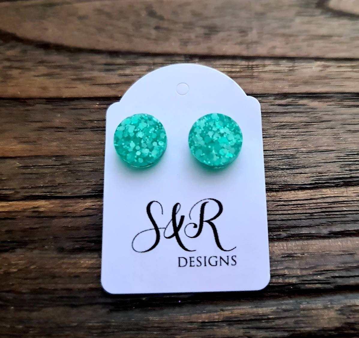 Circle Dot Resin Stud Earrings, Mint Glitter Earrings. Stainless Steel Stud Earrings. 12mm, 10mm or 8mm