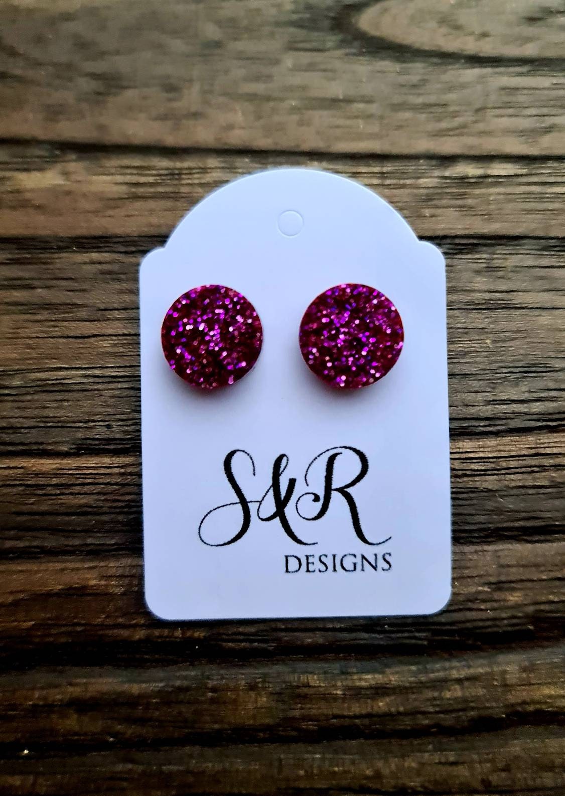Circle Dot Resin Stud Earrings, Pink Glitter Earrings. Stainless Steel Stud Earrings. 12mm, 10mm or 8mm