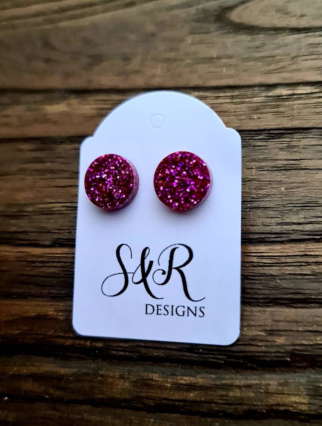 Circle Dot Resin Stud Earrings, Pink Glitter Earrings. Stainless Steel Stud Earrings. 12mm, 10mm or 8mm