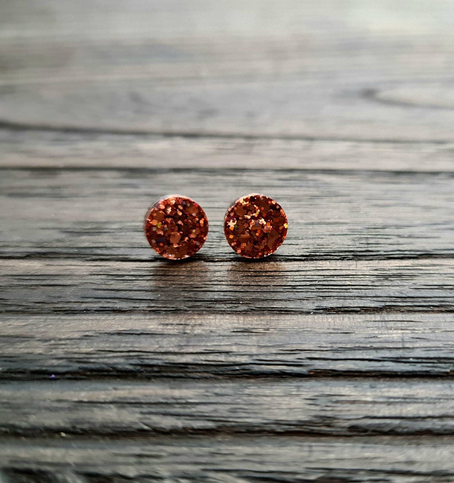 Circle Dot Resin Stud Earrings, Rose Gold Copper Glitter Earrings. Stainless Steel Stud Earrings. 15mm, 12mm, 10mm or 8mm