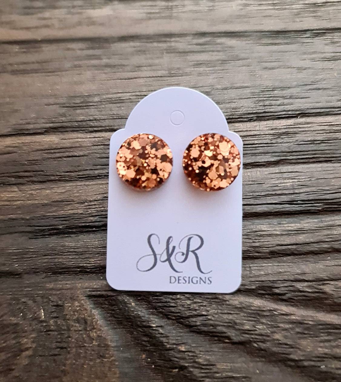Circle Dot Resin Stud Earrings, Rose Gold Copper Glitter Earrings. Stainless Steel Stud Earrings. 15mm, 12mm, 10mm or 8mm