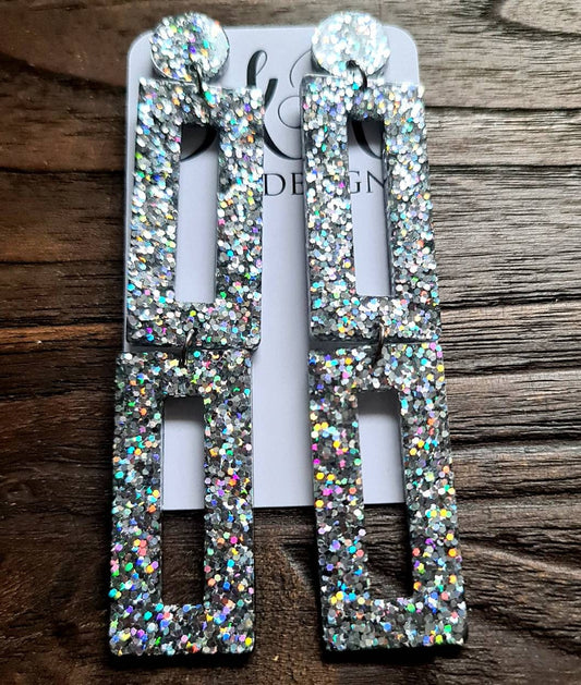 Sparkly Double Rectangle Statement Earrings, Silver Holographic Glitter Extra Long Dangle Earrings