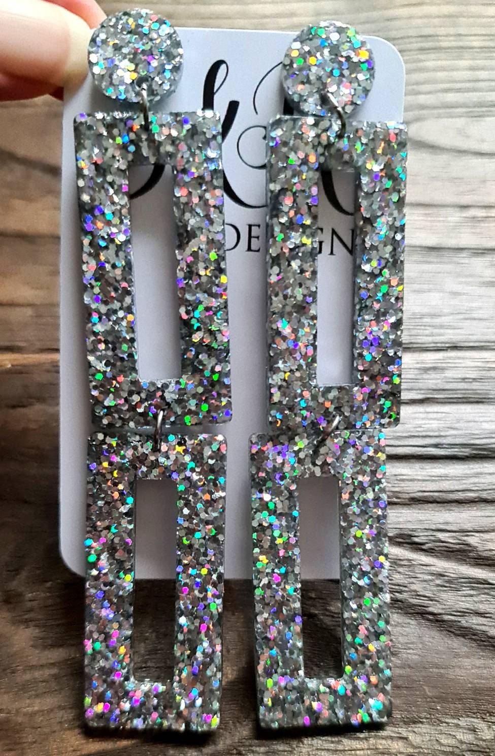 Sparkly Double Rectangle Statement Earrings, Silver Holographic Glitter Extra Long Dangle Earrings