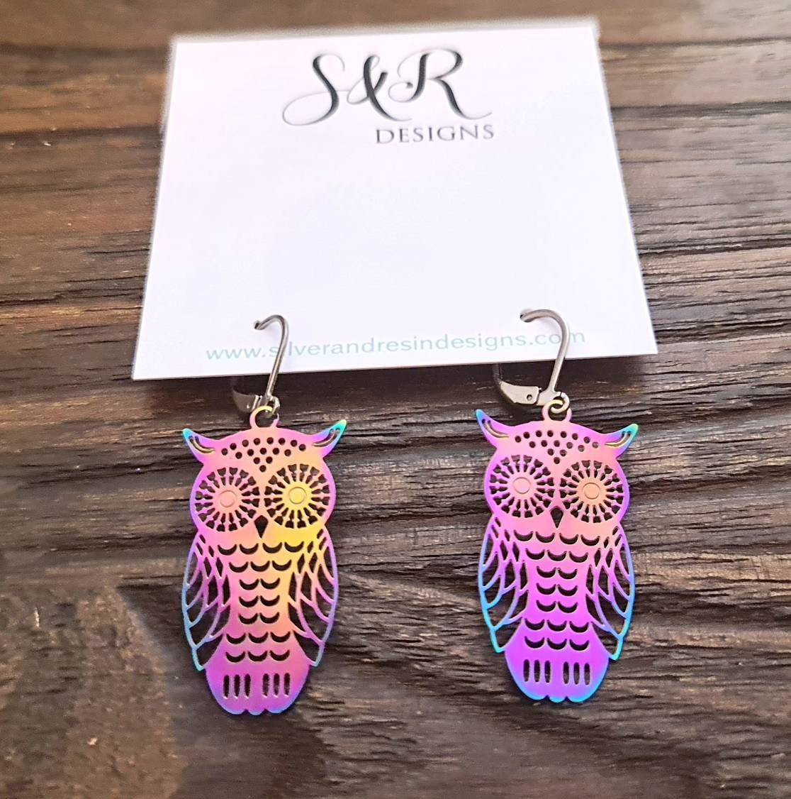 Rainbow Owl Earrings, Filigree Owl Dangle Hook Earrings Anodized or Stainless Steel Leverback
