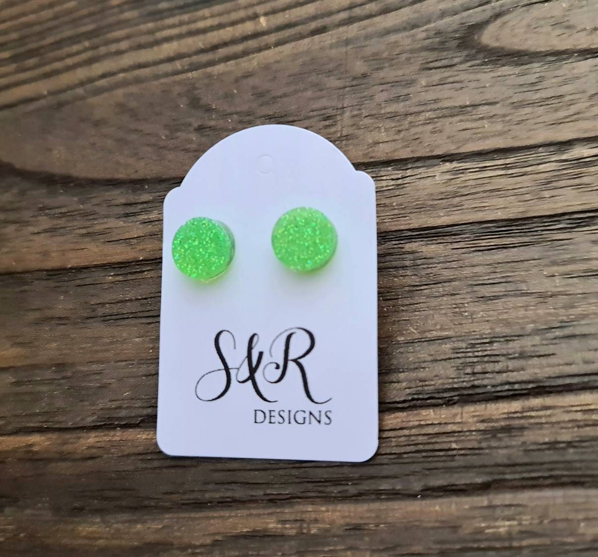 Circle Dot Resin Stud Earrings, Light Green Holographic Glitter Earrings. Stainless Steel Stud Earrings. 12mm, 10mm or 8mm