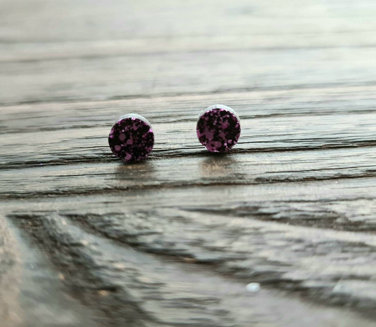 Circle Dot Resin Stud Earrings, Pink Black Glitter Earrings. Stainless Steel Stud Earrings. 12mm, 10mm or 8mm