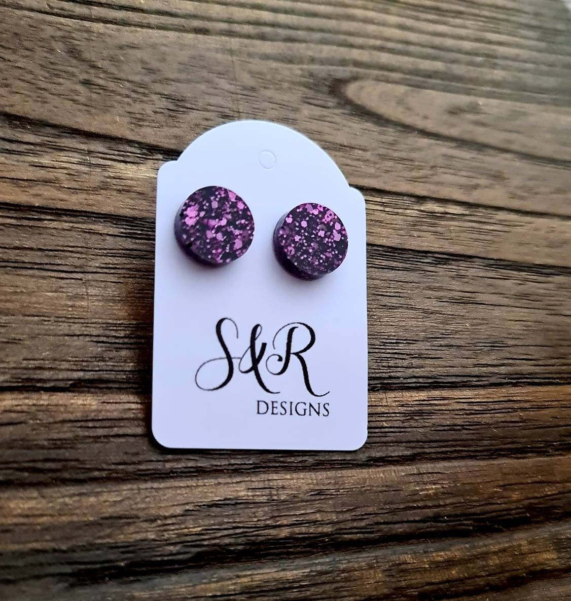 Circle Dot Resin Stud Earrings, Pink Black Glitter Earrings. Stainless Steel Stud Earrings. 12mm, 10mm or 8mm