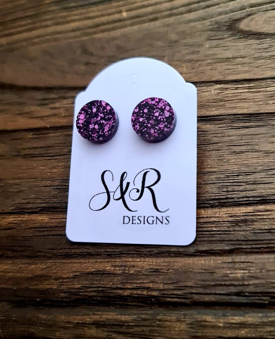 Circle Dot Resin Stud Earrings, Pink Black Glitter Earrings. Stainless Steel Stud Earrings. 12mm, 10mm or 8mm