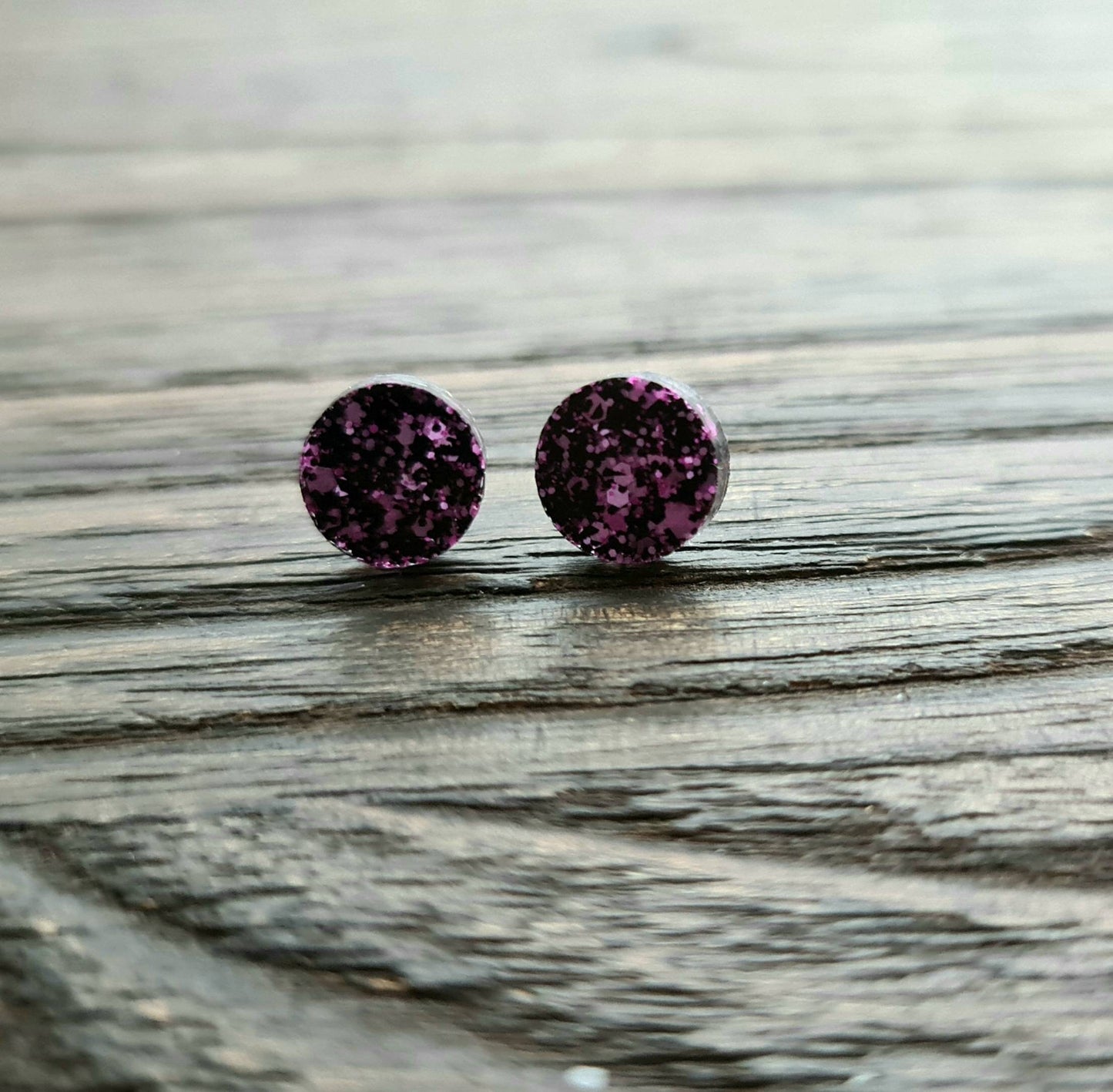 Circle Dot Resin Stud Earrings, Pink Black Glitter Earrings. Stainless Steel Stud Earrings. 12mm, 10mm or 8mm