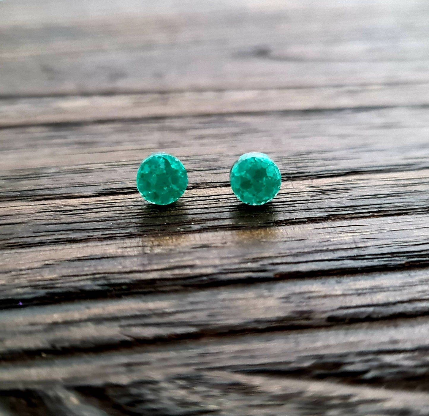 Circle Dot Resin Stud Earrings, Mint Glitter Earrings. Stainless Steel Stud Earrings. 12mm, 10mm or 8mm