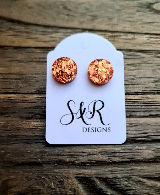 Circle Dot Resin Stud Earrings, Rose Gold Copper Glitter Earrings. Stainless Steel Stud Earrings. 15mm, 12mm, 10mm or 8mm