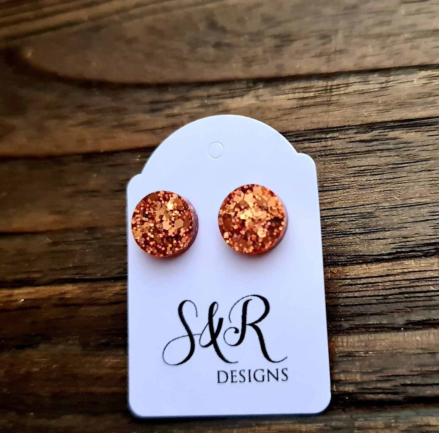 Circle Dot Resin Stud Earrings, Rose Gold Copper Glitter Earrings. Stainless Steel Stud Earrings. 15mm, 12mm, 10mm or 8mm