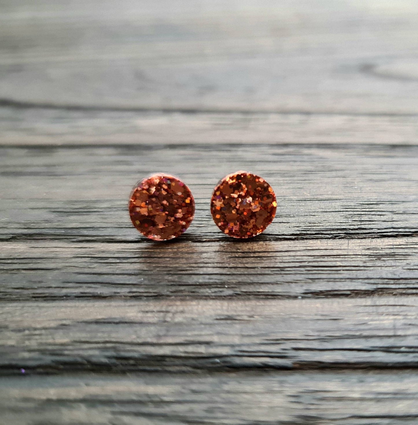 Circle Dot Resin Stud Earrings, Rose Gold Copper Glitter Earrings. Stainless Steel Stud Earrings. 15mm, 12mm, 10mm or 8mm