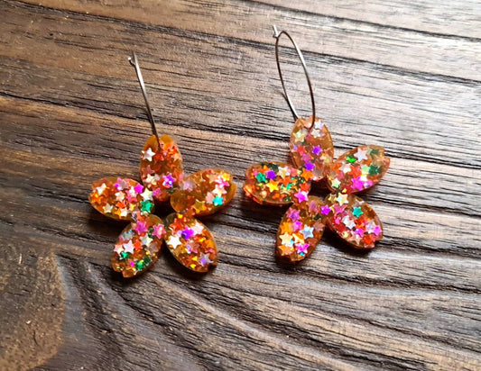 Large Blossom Flower Resin Earrings, Hoop Flower Earrings,  Rainbow Stars Mix Glitter Resin Flower Earrings, Stainless Steel Earrings