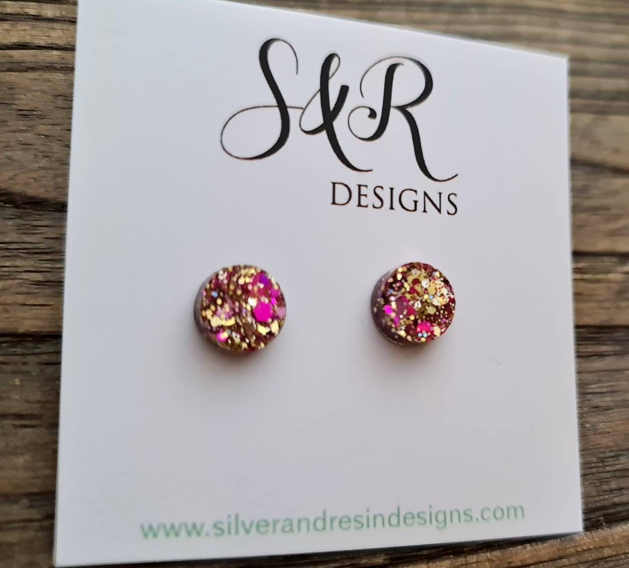 Circle Dot Resin Stud Earrings, Pink Gold Glitter Earrings. Stainless Steel Stud Earrings. 12mm, 10mm or 8mm