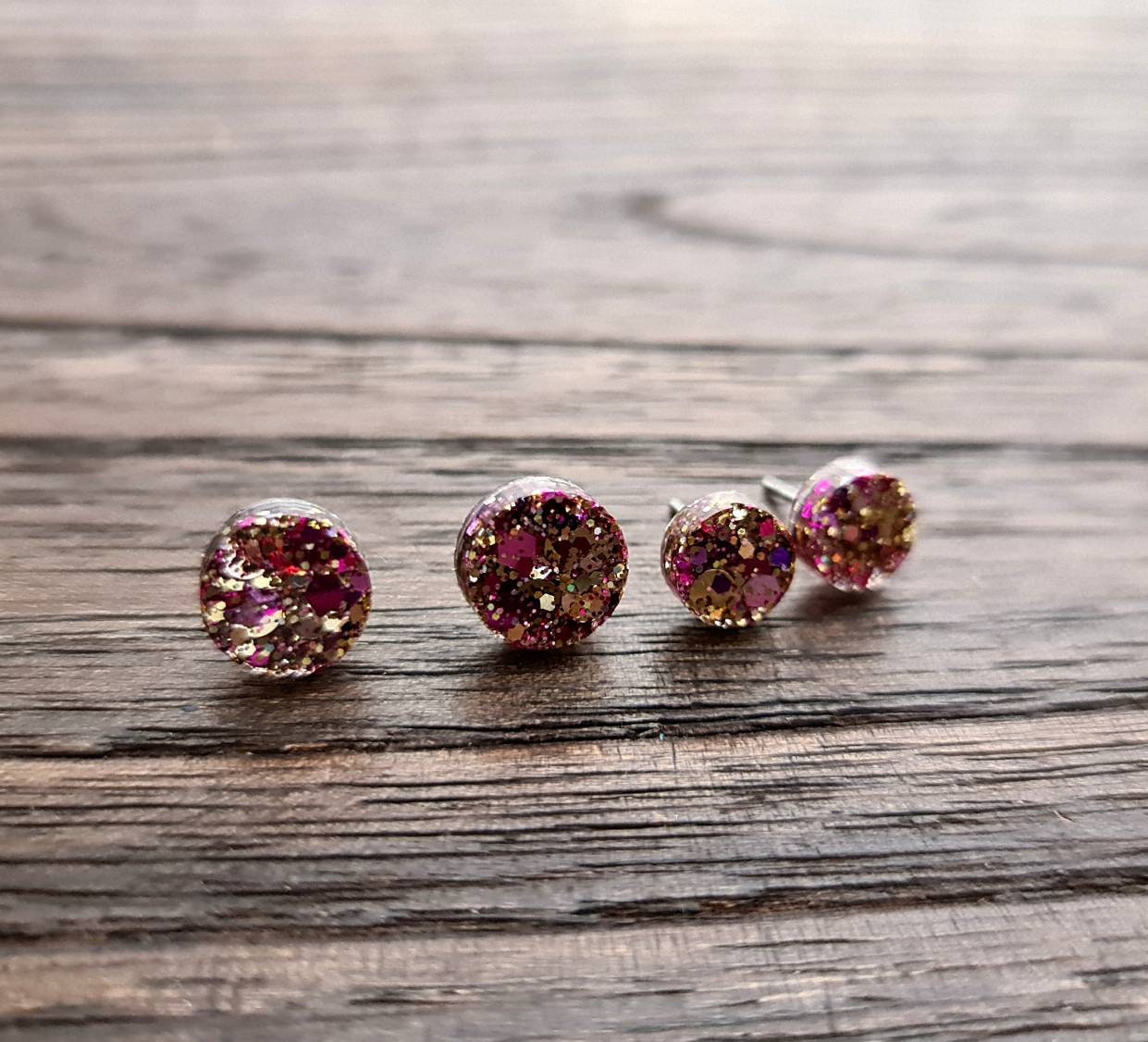 Circle Dot Resin Stud Earrings, Pink Gold Glitter Earrings. Stainless Steel Stud Earrings. 12mm, 10mm or 8mm