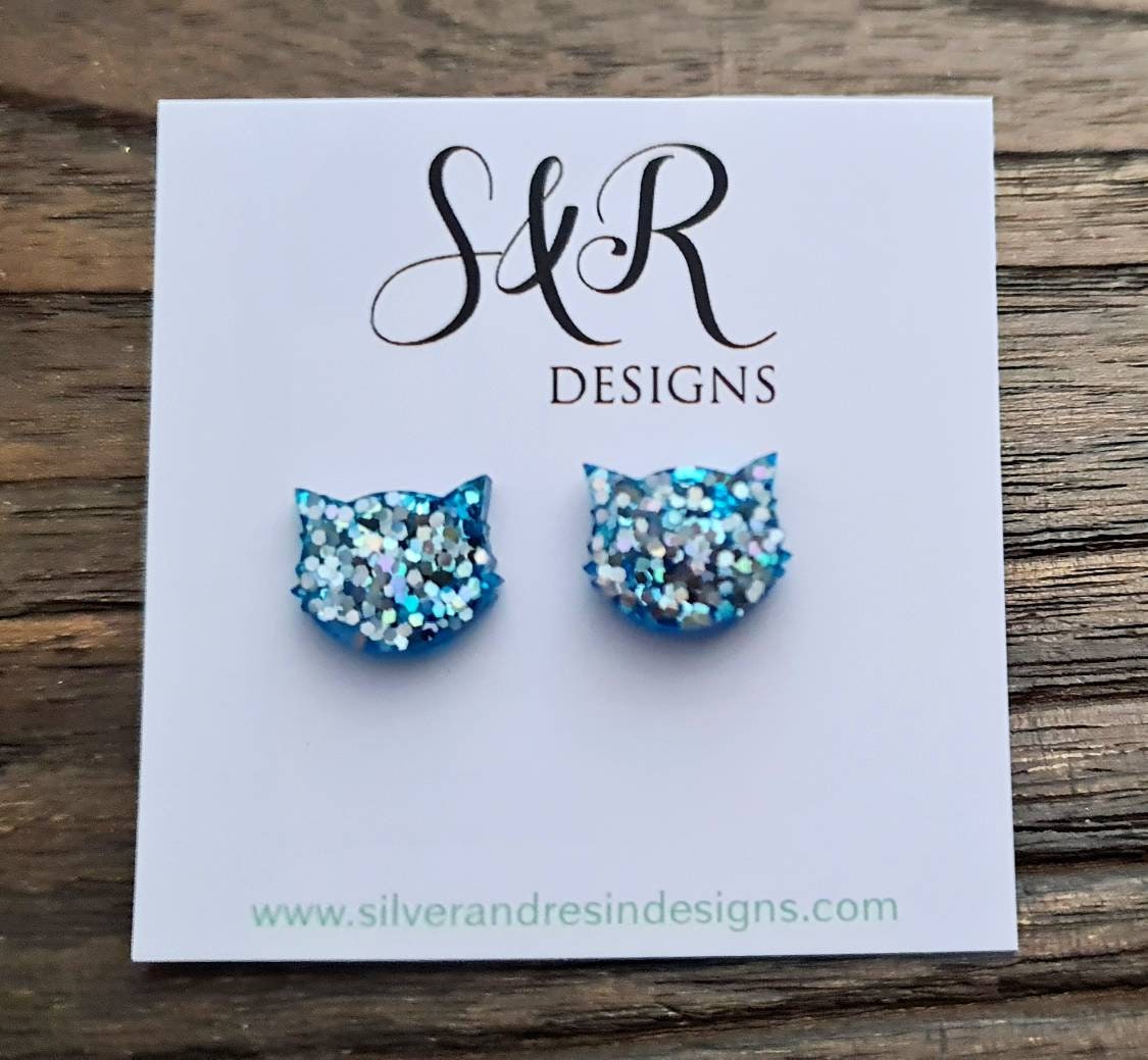 Cat Earrings, Cat Resin Stud Earrings, Blue Holographic Glitter Earrings, Cat Glitter Earrings made with Stainless Steel. Handmade Jewellery