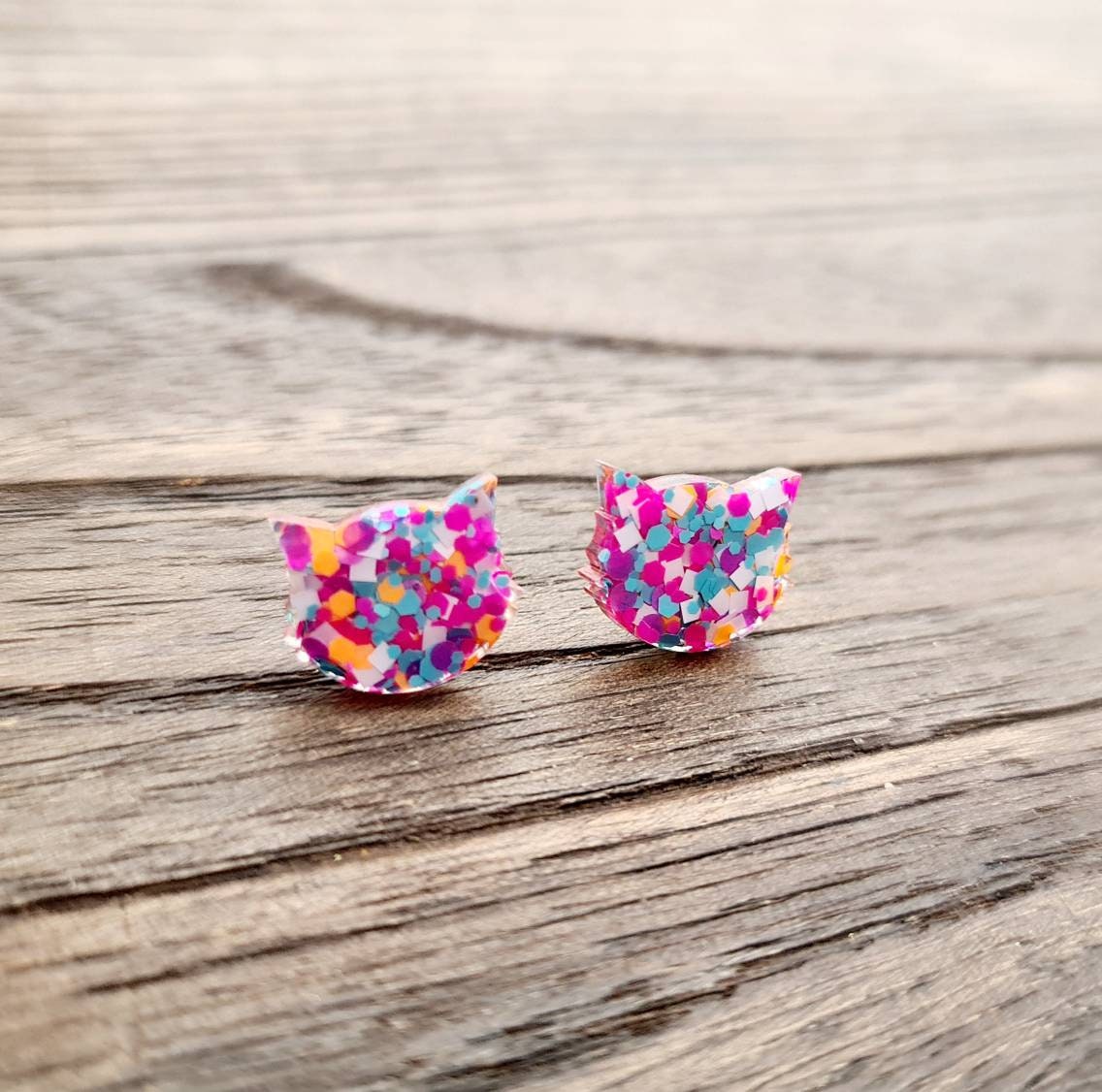 Cat Earrings, Cat Resin Stud Earrings, Purple Pink White Orange Teal Earrings, Cat Glitter Earrings made with Stainless Steel.