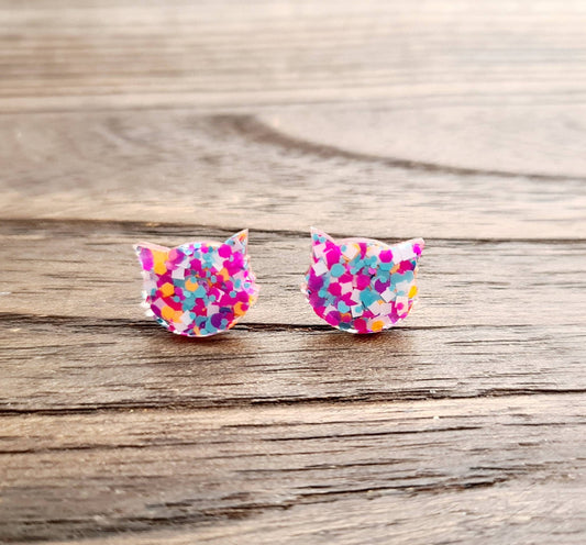 Cat Earrings, Cat Resin Stud Earrings, Purple Pink White Orange Teal Earrings, Cat Glitter Earrings made with Stainless Steel.