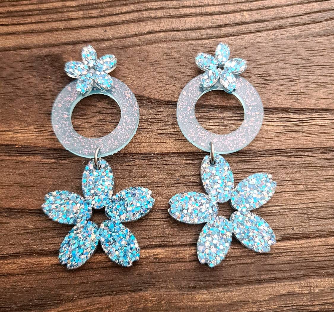 Flower Earrings, Circle Statement Glitter Earrings, Blue Silver Glitter Long Dangle Earrings