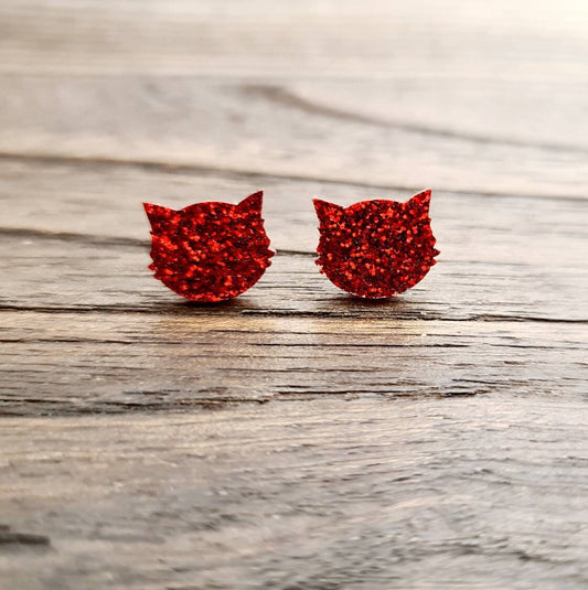 Cat Earrings, Cat Resin Stud Earrings, Red Glitter Cat Glitter Earrings made with Stainless Steel.