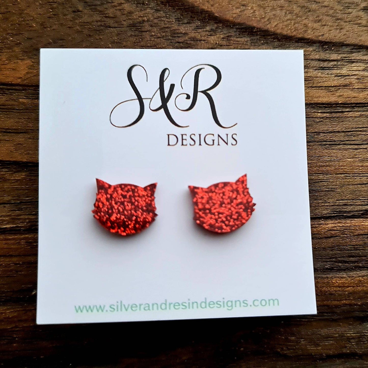 Cat Earrings, Cat Resin Stud Earrings, Red Glitter Cat Glitter Earrings made with Stainless Steel.