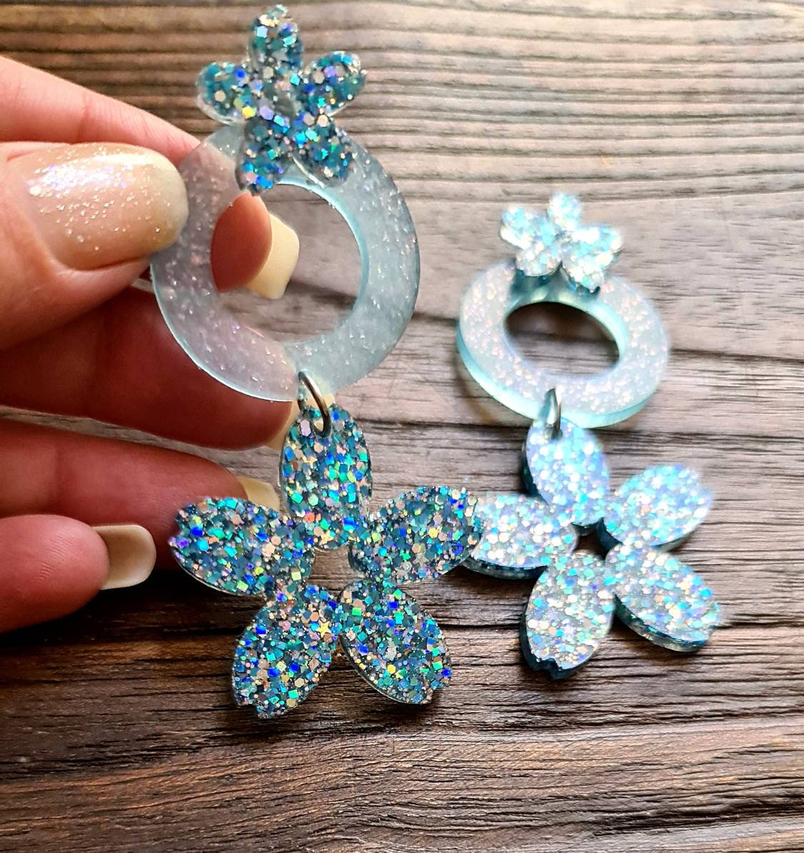 Flower Earrings, Circle Statement Glitter Earrings, Blue Silver Glitter Long Dangle Earrings
