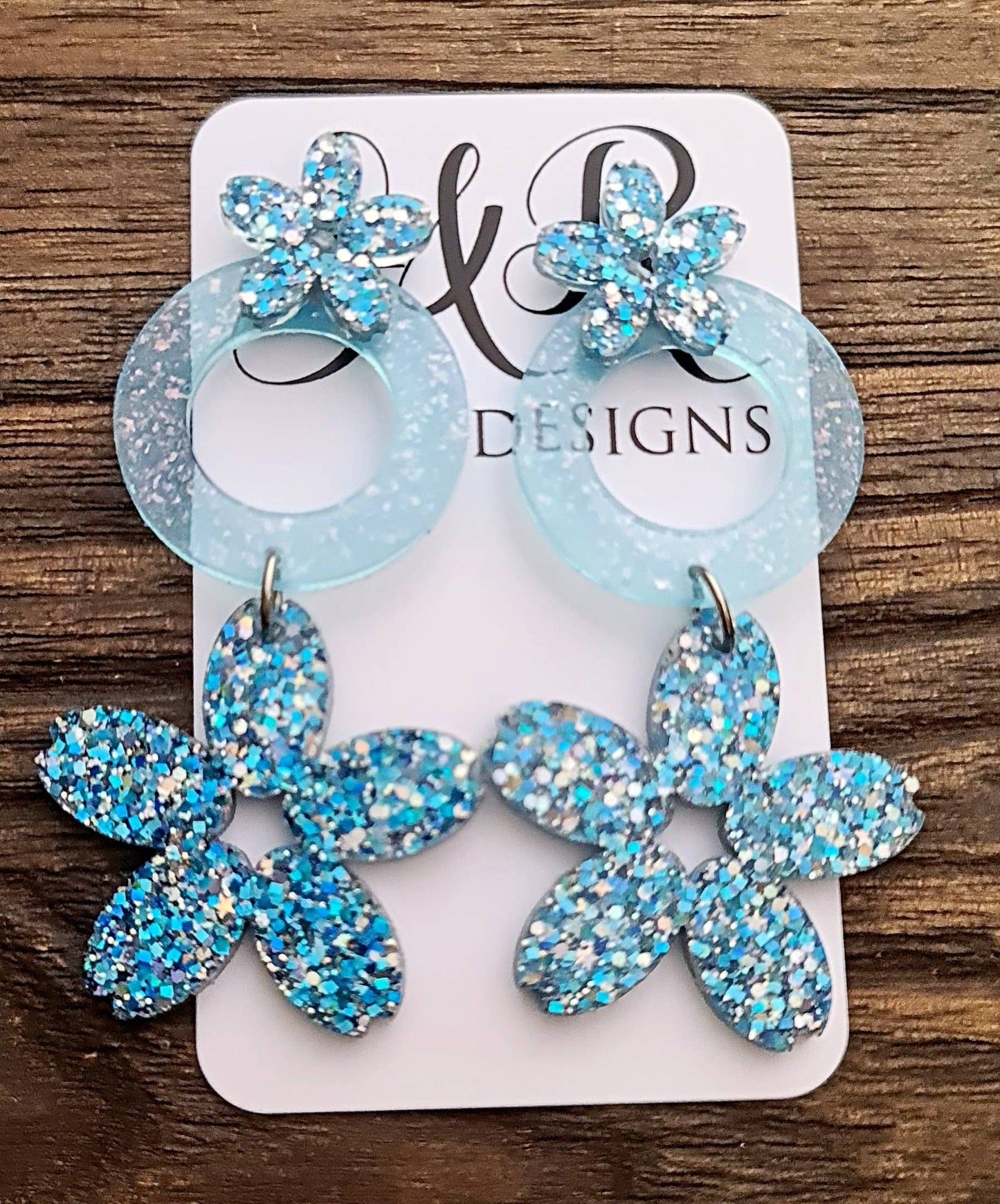 Flower Earrings, Circle Statement Glitter Earrings, Blue Silver Glitter Long Dangle Earrings