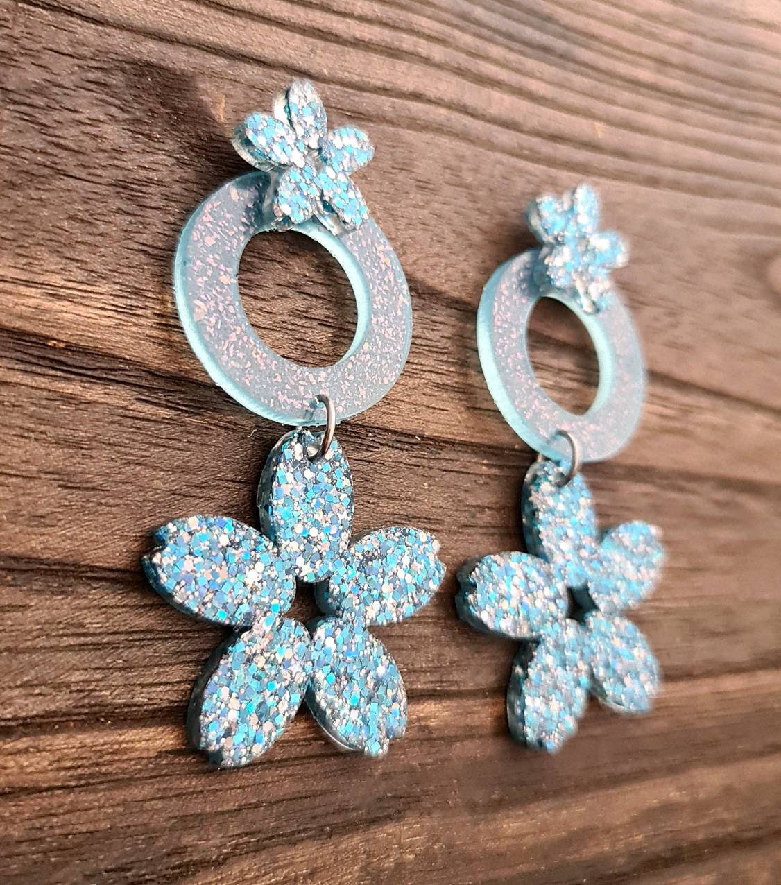 Flower Earrings, Circle Statement Glitter Earrings, Blue Silver Glitter Long Dangle Earrings