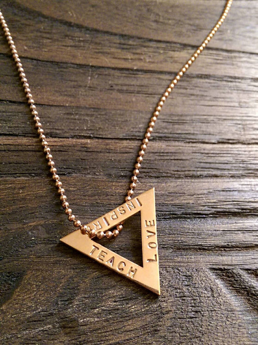 Teachers Necklace, Teach, Inspire, Love. Stainless Steel Personalized Hand Stamped, Triangle Necklace, Teachers Gift, Made Ready to Post