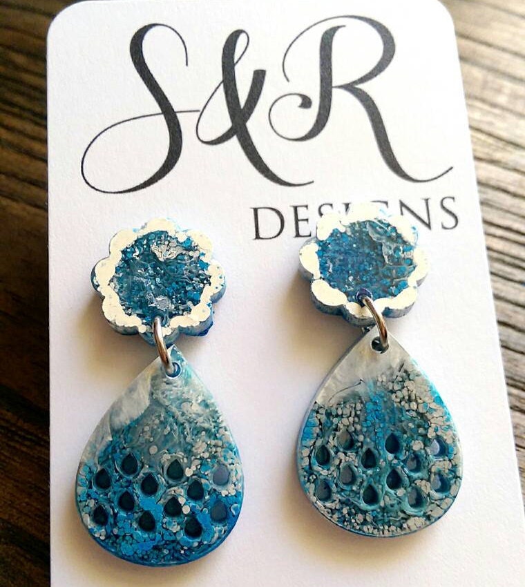 Teardrops Long Resin Dangles, Cloud Earrings, White and Blue Waterfall Colour Earrings, Stainless Steel Earrings