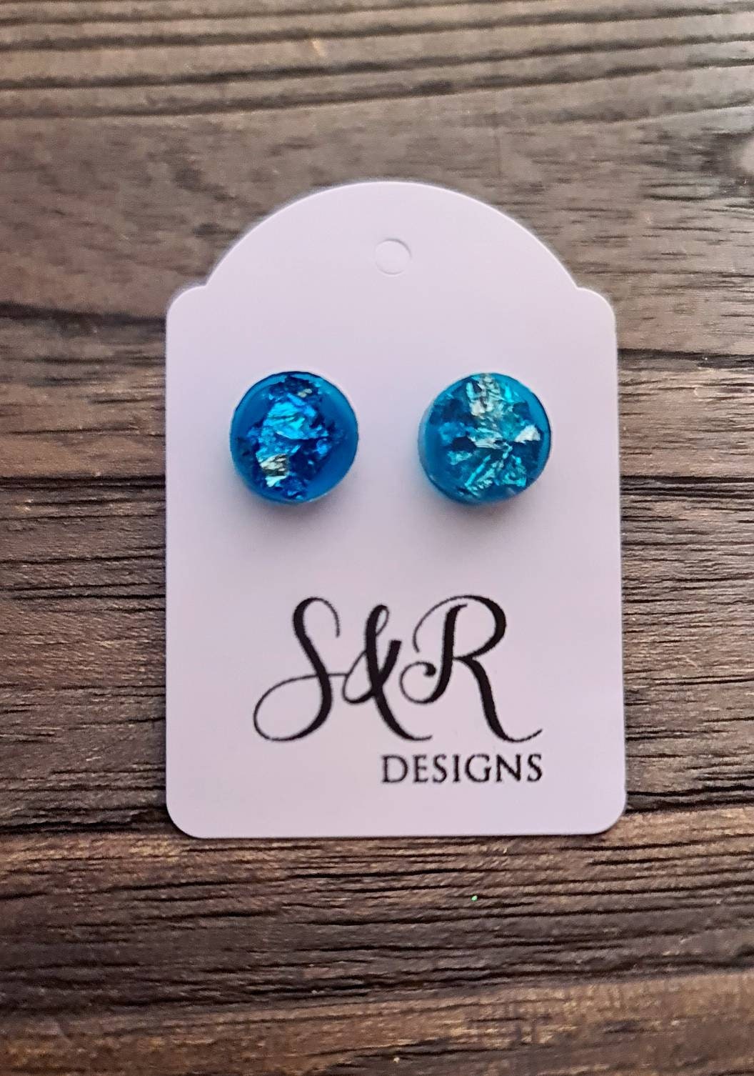 Circle Dot Resin Stud Earrings, Brilliant Blue Earrings with Silver Leaf. Stainless Steel Stud Earrings. 15mm, 12mm, 10mm or 8mm