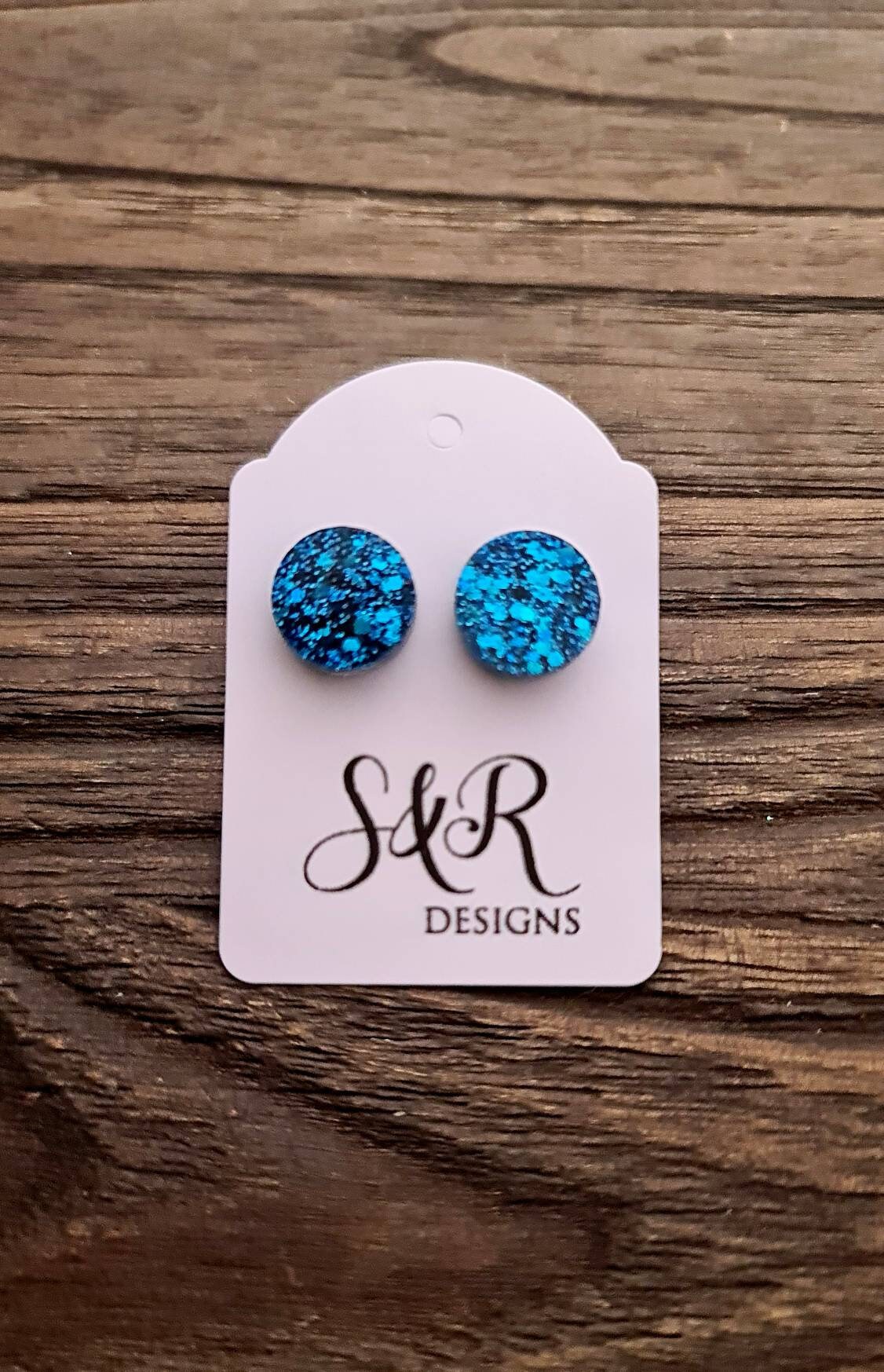 Blue Circle Dot Resin Stud Earrings, Blue Glitter Stud Earrings, Stainless Steel Stud Earrings. 12mm