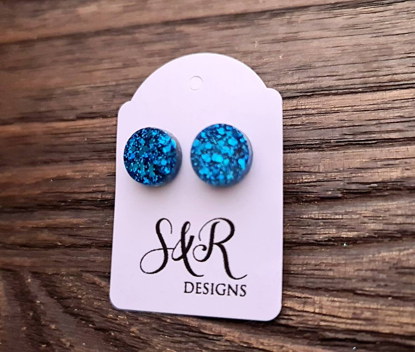 Blue Circle Dot Resin Stud Earrings, Blue Glitter Stud Earrings, Stainless Steel Stud Earrings. 12mm
