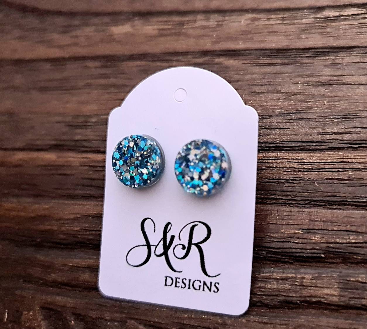 Circle Dot Resin Stud Earrings, Blue Silver Glitter Stud Earrings, Stainless Steel Stud Earrings. 8mm, 10mm, 12mm or 15mm