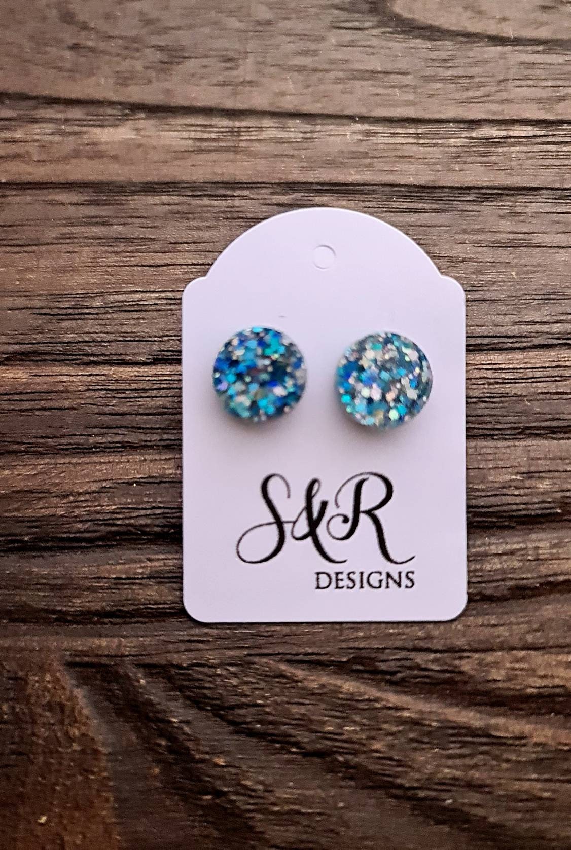 Circle Dot Resin Stud Earrings, Blue Silver Glitter Stud Earrings, Stainless Steel Stud Earrings. 8mm, 10mm, 12mm or 15mm