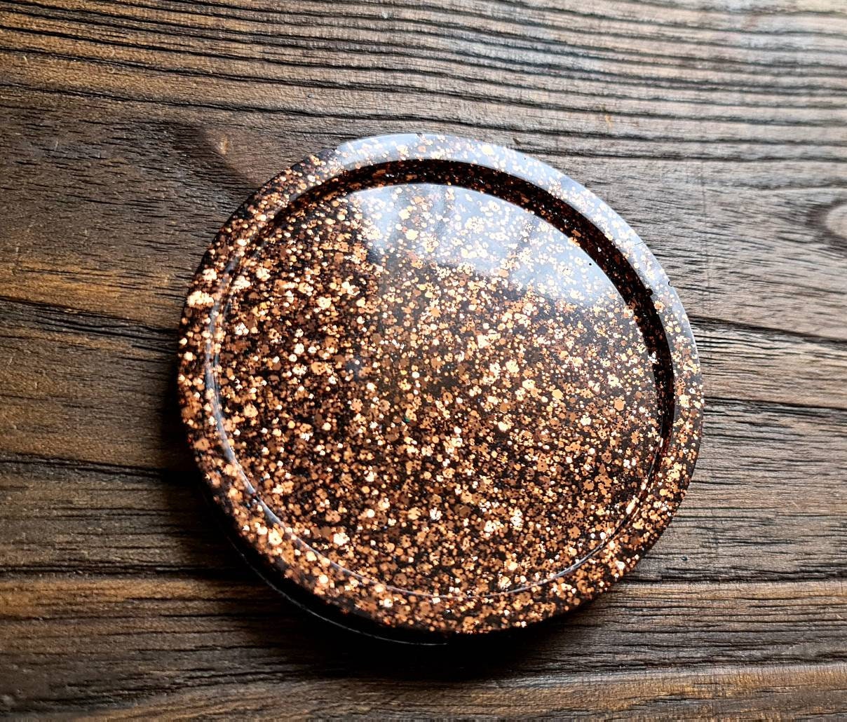 Resin Trinket Ring Dish, Coaster Black Rosegold Copper Glitter Mix