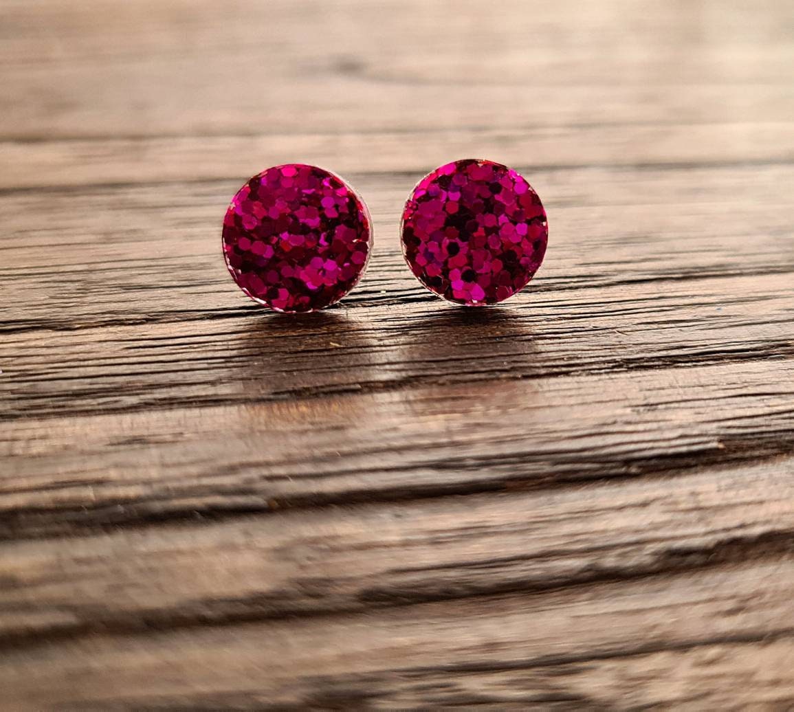 Circle Dot Resin Stud Earrings, Hot Pink Glitter Earrings. Stainless Steel Stud Earrings. 15mm, 12mm, 10mm or 8mm