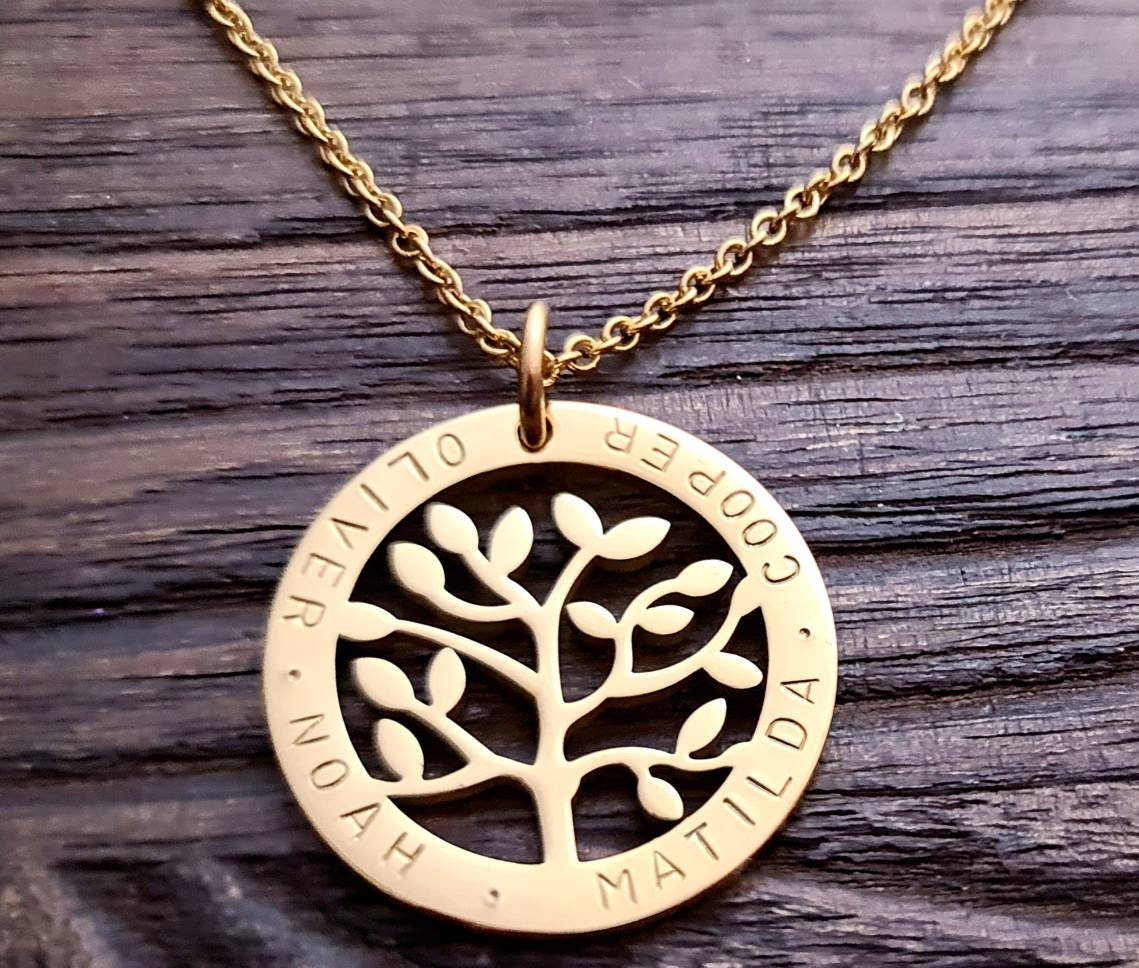 Personalized Tree of Life Necklace, Hand Stamped Name Necklace Design Pendant Stainless Steel. Mothers Day, Sister, Grandmother,  Kids Names