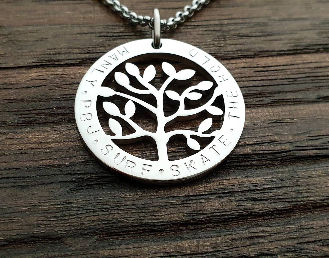 Personalized Tree of Life Necklace, Hand Stamped Name Necklace Design Pendant Stainless Steel. Mothers Day, Sister, Grandmother,  Kids Names