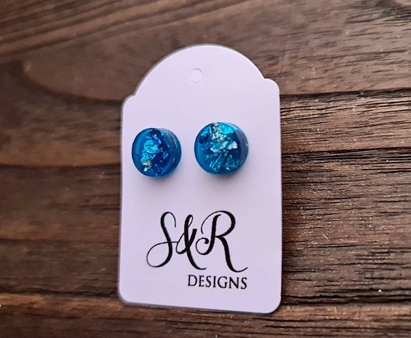 Circle Dot Resin Stud Earrings, Brilliant Blue Earrings with Silver Leaf. Stainless Steel Stud Earrings. 15mm, 12mm, 10mm or 8mm