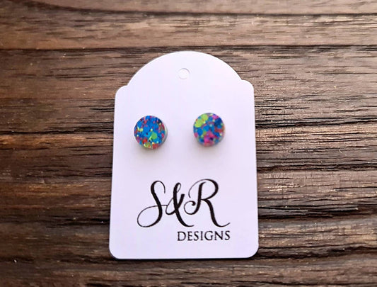 Circle Dot Resin Stud Earrings, Neon Pink Blue Yellow Stud Earrings, Tiny Studs, Stainless Steel Stud Earrings. 8mm