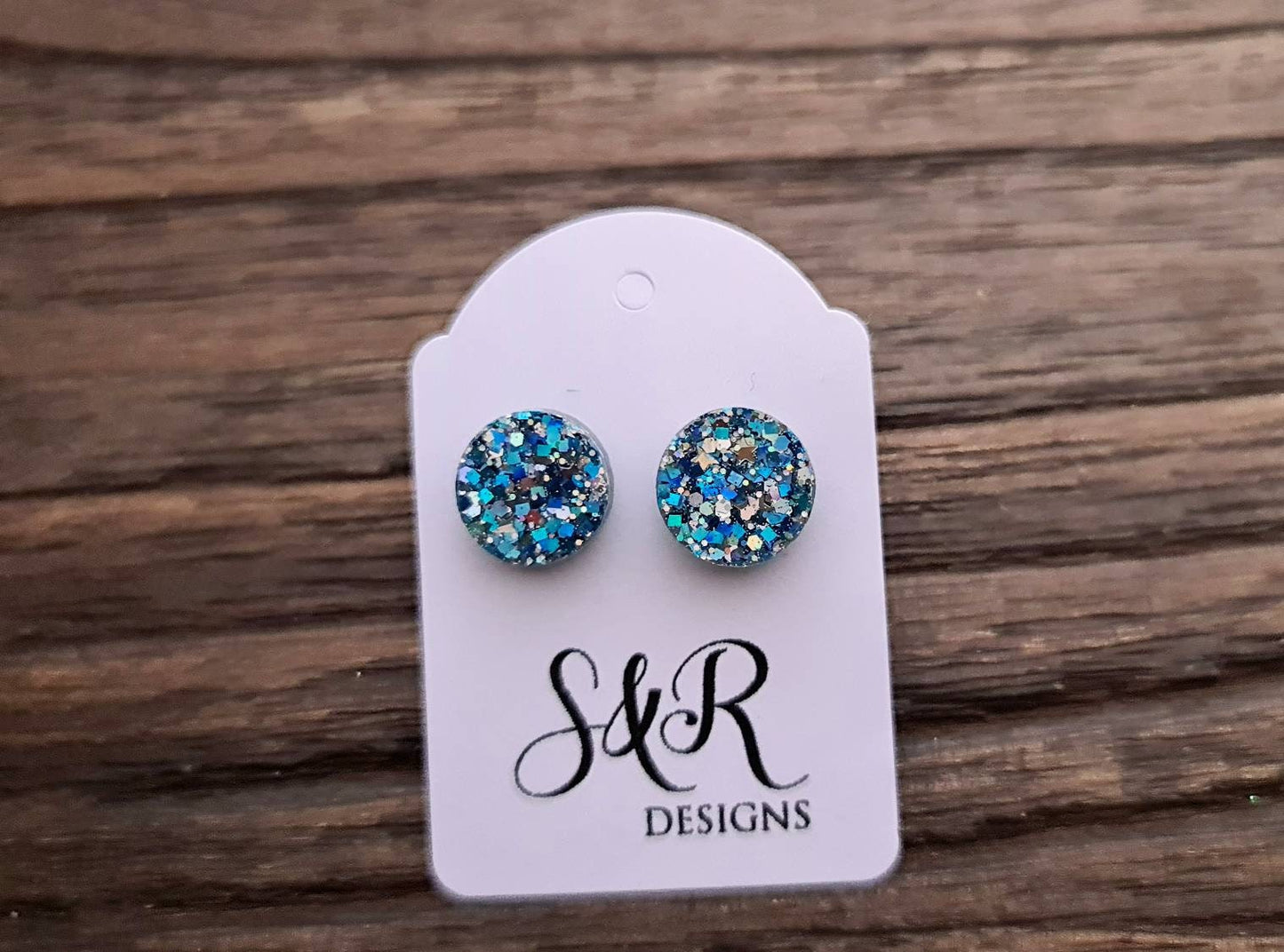 Circle Dot Resin Stud Earrings, Blue Silver Glitter Stud Earrings, Stainless Steel Stud Earrings. 8mm, 10mm, 12mm or 15mm