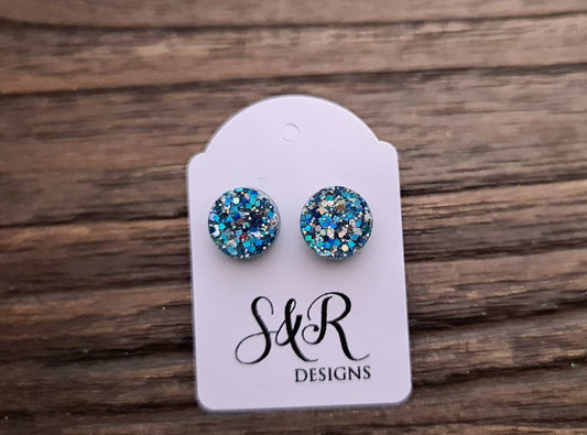 Circle Dot Resin Stud Earrings, Blue Silver Glitter Stud Earrings, Stainless Steel Stud Earrings. 8mm, 10mm, 12mm or 15mm