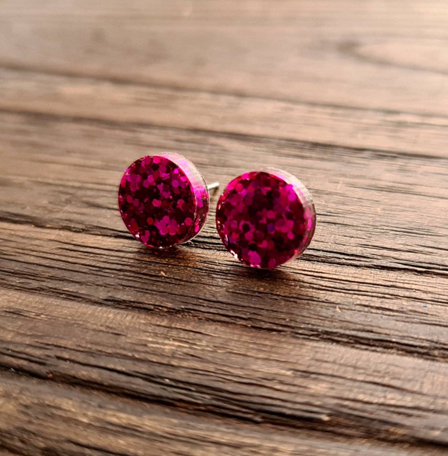 Circle Dot Resin Stud Earrings, Hot Pink Glitter Earrings. Stainless Steel Stud Earrings. 15mm, 12mm, 10mm or 8mm