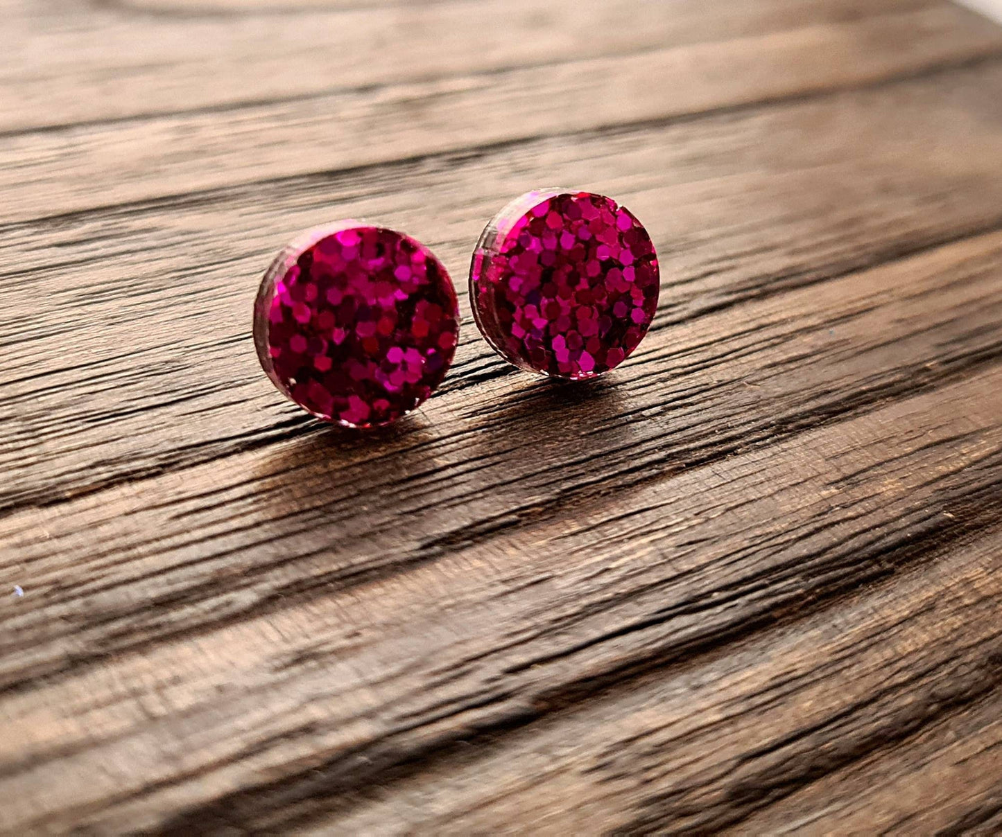 Circle Dot Resin Stud Earrings, Hot Pink Glitter Earrings. Stainless Steel Stud Earrings. 15mm, 12mm, 10mm or 8mm