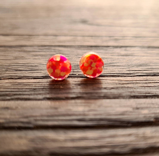 Circle Dot Resin Stud Earrings, Neon Pink Orange Yellow Mix Glitter Earrings. Stainless Steel Stud Earrings. 12mm, 10mm or 8mm