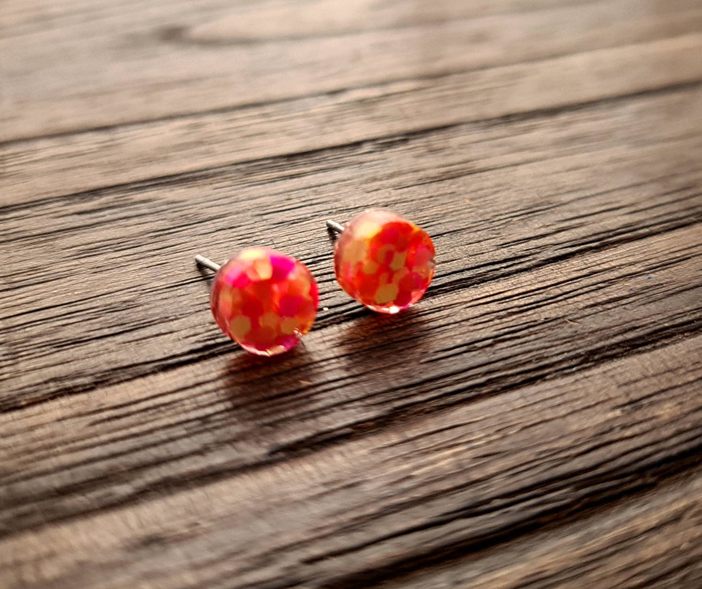 Circle Dot Resin Stud Earrings, Neon Pink Orange Yellow Mix Glitter Earrings. Stainless Steel Stud Earrings. 12mm, 10mm or 8mm