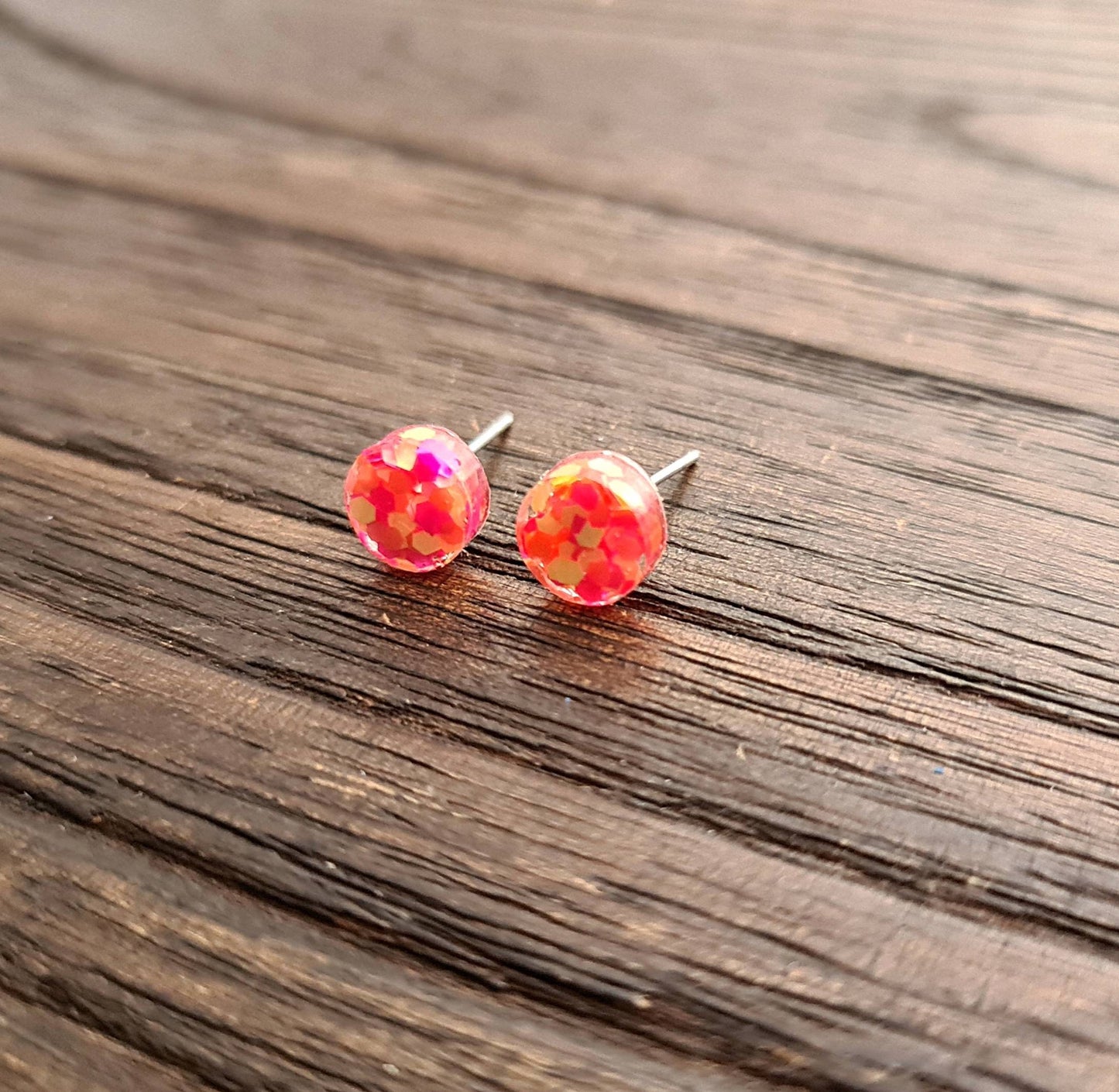 Circle Dot Resin Stud Earrings, Neon Pink Orange Yellow Mix Glitter Earrings. Stainless Steel Stud Earrings. 12mm, 10mm or 8mm
