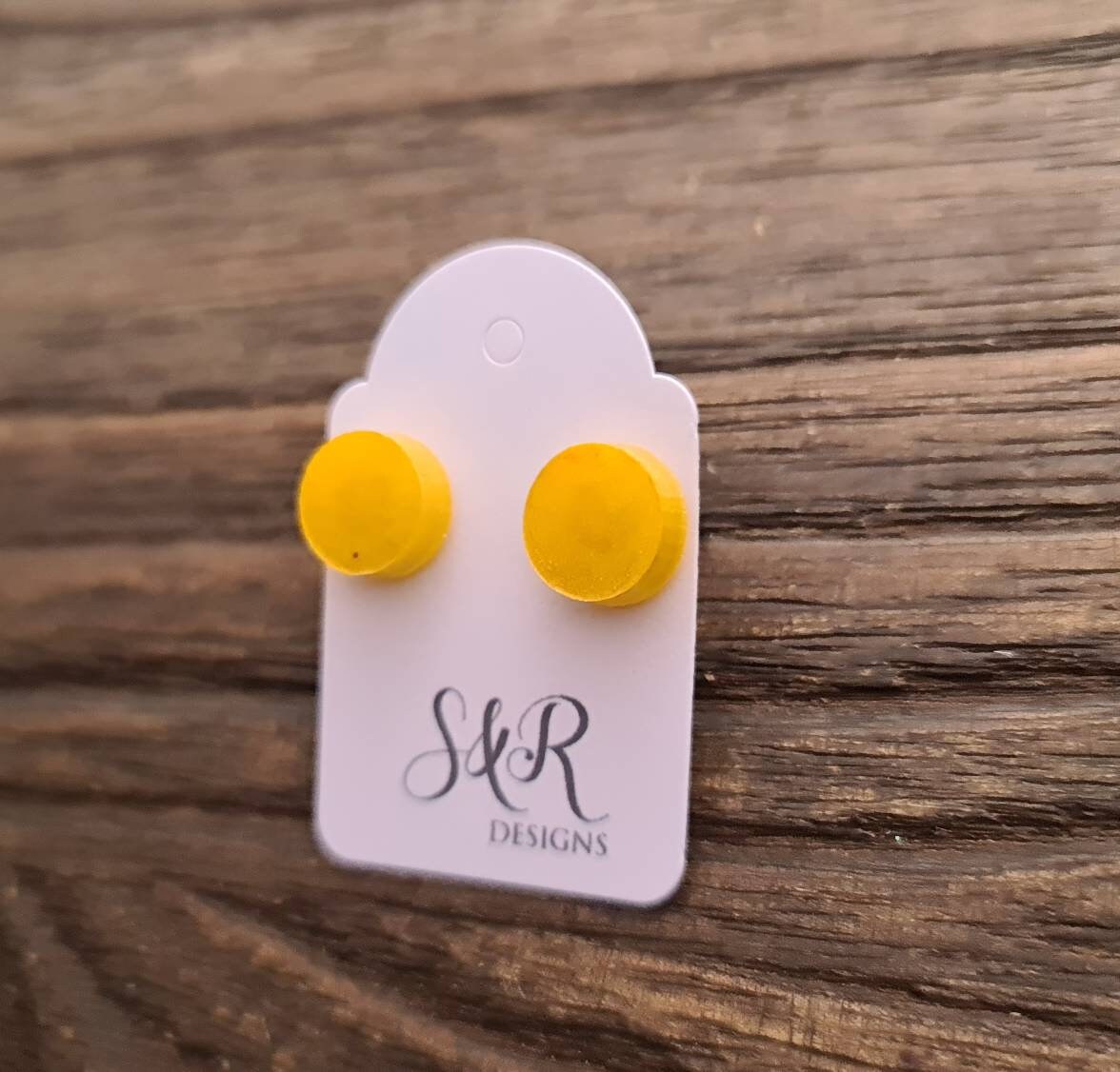 Circle Dot Resin Stud Earrings, Yellow Gold Earrings. Stainless Steel Stud Earrings. 12mm, 10mm or 8mm